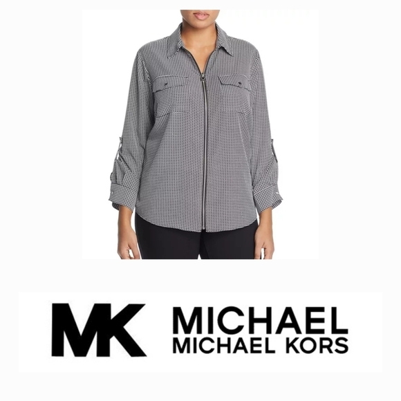 NEW Michael Kors Geometric Black White Full Zip-Up Blouse 3X - Picture 3 of 13